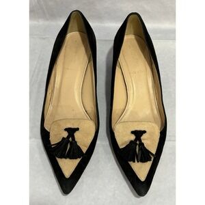 J Crew Shoes Avery Pump Black Tan Tassle Pointed Toe Block Heel Women's Size 7.5